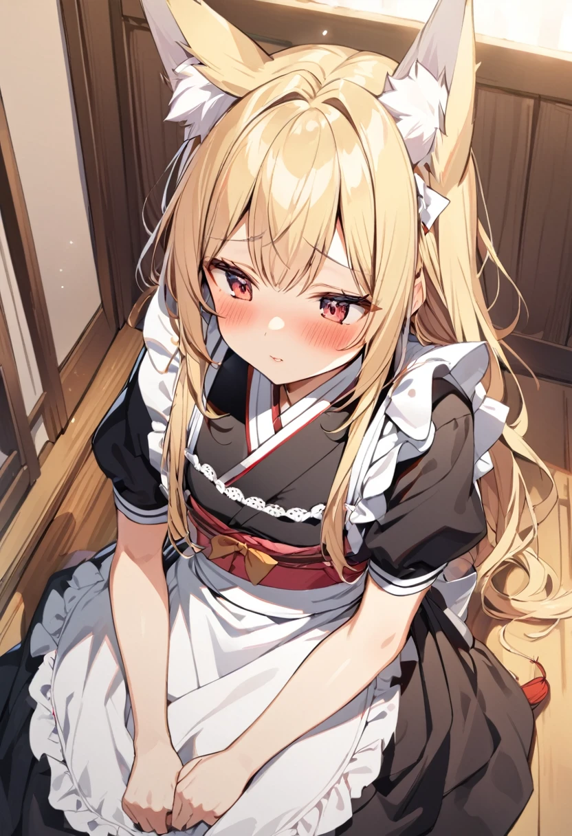 One girl, correct, Animal ears, Blonde, Fox Ears, Long Hair, blush, alone, kimono, Maid&#39;s Headdress, Yellow Eyes, White Background, Hair between the eyes, Young Girl,Shiny,Shiny skin,fox-hirume,An unparalleled masterpiece, One girl,キツネのYoung Girl,Fox Ears,Blonde,narrow,correct,kimono,kimono,Shrine maiden,Ofuda, (Very small breasts:1.2), ,Multiple tails,Yellow Eyes, night, A big smile,