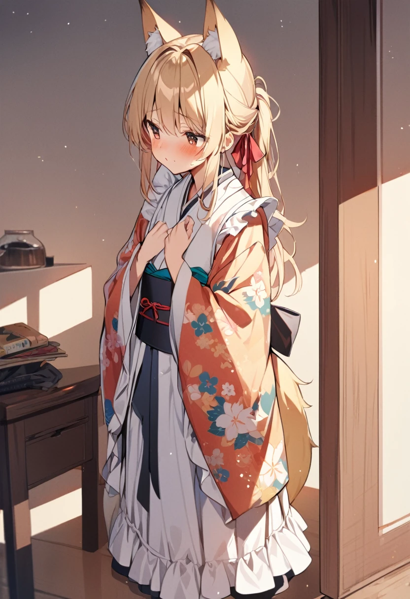 One girl, correct, Animal ears, Blonde, Fox Ears, Long Hair, blush, alone, kimono, Maid's Headdress, Yellow Eyes, White Background, Hair between the eyes, Young Girl,Shiny,Shiny skin,fox-hirume,An unparalleled masterpiece, One girl,キツネのYoung Girl,Fox Ears,Blonde,narrow,correct,kimono,kimono,Shrine maiden,Ofuda, (Very small breasts:1.2), ,Multiple tails,Yellow Eyes, night, A big smile,