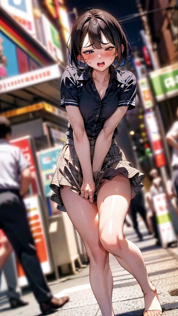 (long shot, looking away, shift character off center, draw the face precisely), a white young lady, wearing various clothes, (wearing panties), she thrusts her crotch forward, (her crotch must be touching the pole bar that is standing on sidewalk), she uses her crotch to push that thin pole bar from the side), open her legs, Includes crouching pose, (straddling on the that thin pole bar), for masturbation, orgasm, (outside, in the some place),