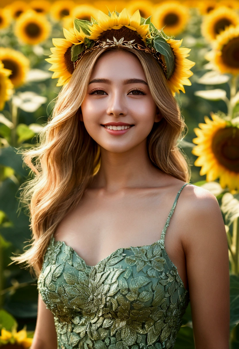 (Highest quality,High resolution,masterpiece:1.2),Very detailed,Portraiture,Beautiful sunflower girl,gorgeous sunflower petal dress,Vibrant sunflower field,sunflower crown,Delicate sunflower pattern,Soft natural light,Golden color palette,like々Shining,Leafy Background,A gentle warm breeze,Artistic Expression,Sunburned skin,Expressive and detailed facial features,A kind smile,bright yellow and green hues,Bokeh effect,Attention to detail,Realistic depiction of sunflower petals,A stylistic interpretation of the Sunflower Girl.