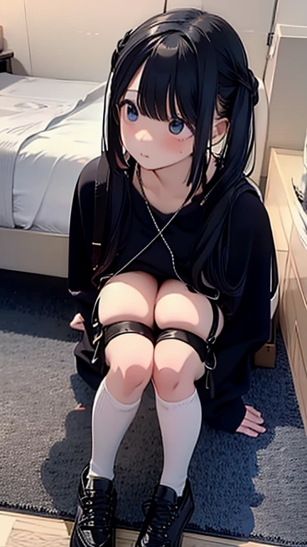 (Highest quality), (masterpiece), 1080P, High resolution, 4K, 8k, Thigh straps, Shooting from directly below, The woman on top of me, Nipples, 白いSweat, Covered , Sweat, Woman looking down, Micro Bikini, Skirt swimsuit, Thigh-high socks, To achieve this, , Small breasts, whole body, Black leather shoes, Braided hair, Inner Color, Embarrassed face, Short black hair, bracelet, Bedroom