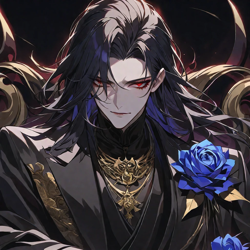 alone,good looking,
1. male,
bangs,Straight hair,Bob Hair,
Black Hair,
Satoru Gojo ,noble,
Red eyes,
beautiful,Sexy,darkness,Gold Necklace,
Black suit ,King,crown,Slender,Blue Rose Tattoo,
Black Background ,High resolution, sit,Darkness,devil,Black light,iconSolo, Close-up windy hair, Side braids,