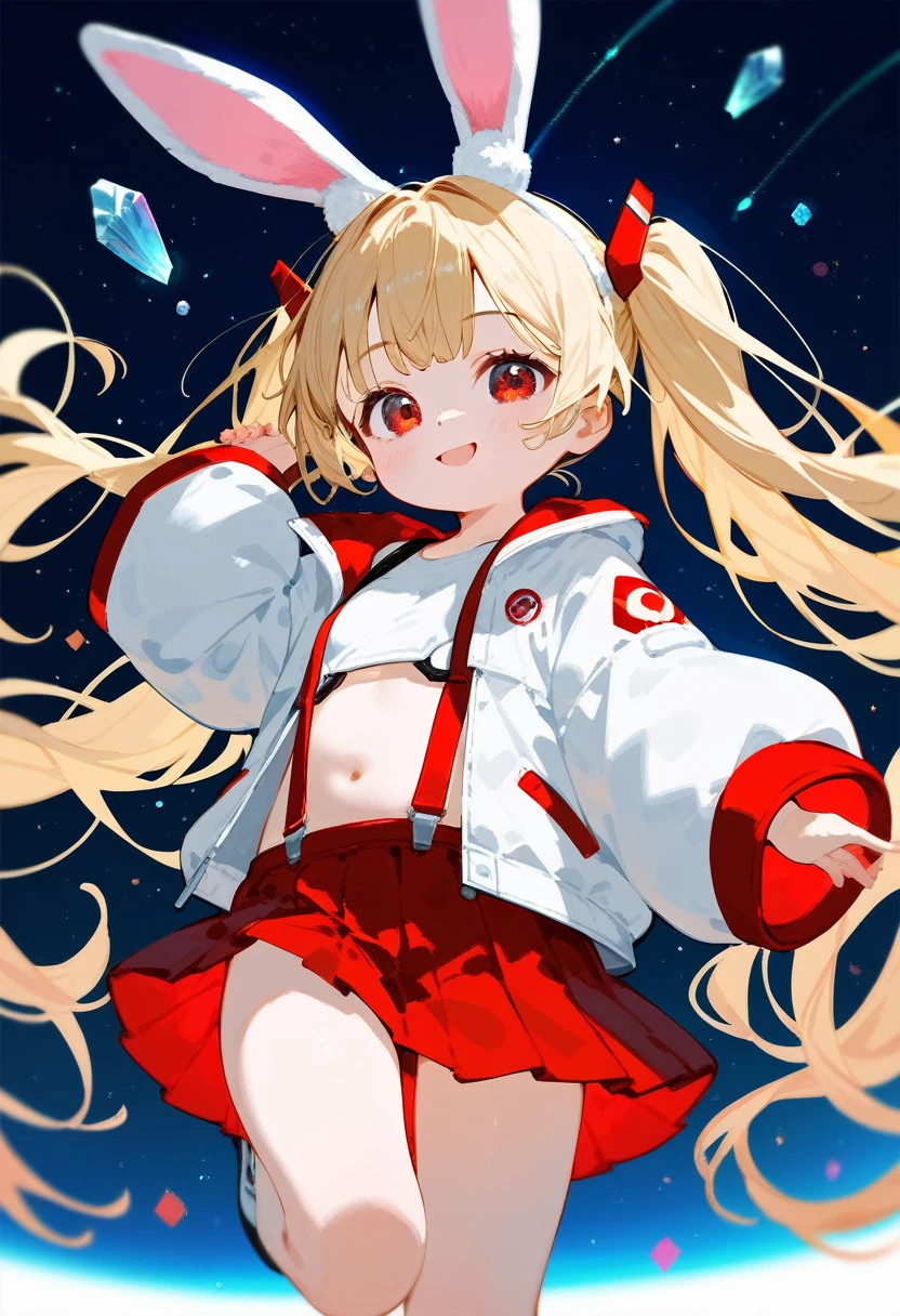 1girl,_girl,littlecute_loli,ruby, blonde hair, twintails, bangs, red eyes, very long hair, crystal bunny ears, futuristic rabbit ears, wide sleeves, very short jacket, open jacket, white jacket, suspenders, futuristic outfit, bubbles, a space background in the background, 1girl, solo, skirt, blonde hair, long hair, navel, very long hair, white background, pleated skirt, long sleeves, cute, cheerful 