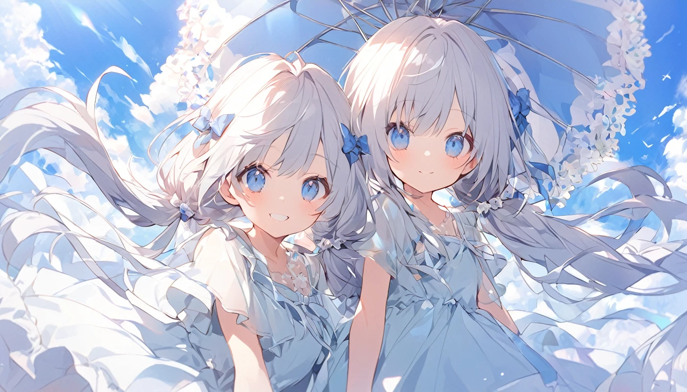 girl、One person、whole body、Silver Hair、long hair、Hair blowing in the wind、Twin tails、Cute hair accessories、A big smile、Frilled dress、under the summer sky、She is looking at me with a parasol over her shoulder