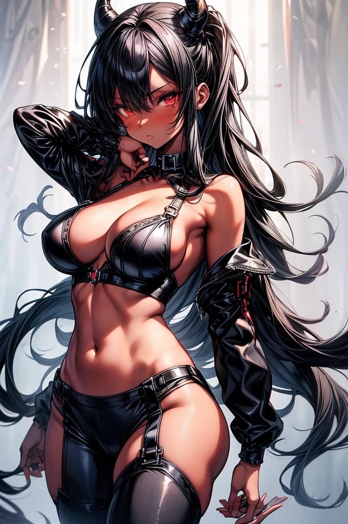 masterpiece, super detailed, high resolution, precision art, highly seductive anime girl. sexy and alluring, flawless dark red demonic skin, succubus, symmetrical face, beautiful olive eyes, flowing black hair, her very presence oozes seduction and allure, S-shaped body, black onyx colored horns jutting out her forehead, heart shaped tail protruding from her back, sexy and arousing slender and thin yet chiseled with enticing breasts, intricate and beautiful heart shaped tattoo engraved on her stomach, wearing spaghetti strap crop-top and form-fitting leggings that accentuate her round ass, hip-level shot