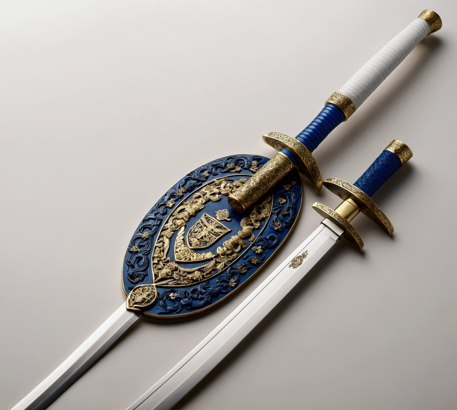 White katana, with the Tsuba in the shape of the coat of arms of Nicaragua and a blue handle