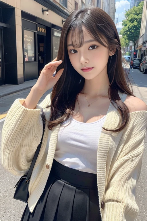 (masterpiece:1.3),(High resolution, Highest quality,Ultra high definition), 8k,One woman, Very beautiful face,Very delicate and beautiful,Beautiful attention to detail,Highly detailed face,double eyelid,Chest-length hair,Extremely detailed and realistic skin,Sharp focus,Black Hair, Random Hairstyles,smile,cardigan,Fluttering Skirt,((outside,In town)),From the waist up
