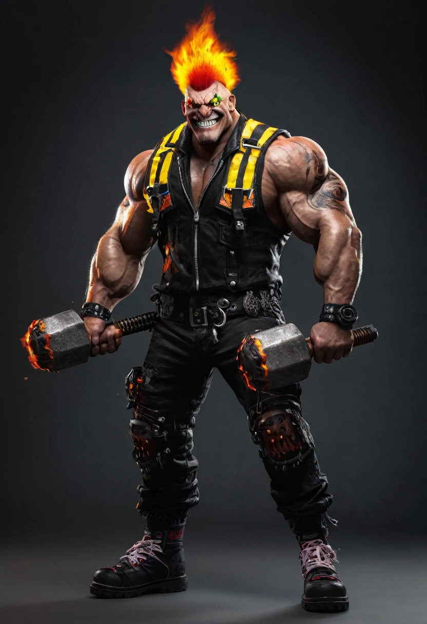 Zombie, muscle strong body, punk hair, villain, scary face smile, fire eyes, grip heavy hammer, full body, full body view
