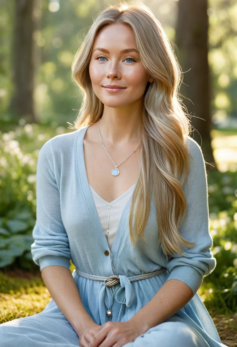 Create a high-quality, extremely natural and realistic illustration of WendyMellow, a serene and calming Scandinavian wellness influencer. She has a soft, welcoming face with defined angular features, expressive clear blue or green eyes, and a warm smile. Her long, light blonde or light brown hair falls in gentle waves over her shoulders. She is sitting in a tranquil Scandinavian park, meditating. Wendy is wearing a flowing light blue dress with a light gray wool cardigan. She has a clear, luminous complexion. Around her wrist, she wears a delicate silver bracelet, and around her neck, a simple pendant. The soft morning light enhances her peaceful aura, reflecting her inner tranquility and well-being. The image should be as realistic and detailed as possible, capturing every nuance of her serene and calming presence.