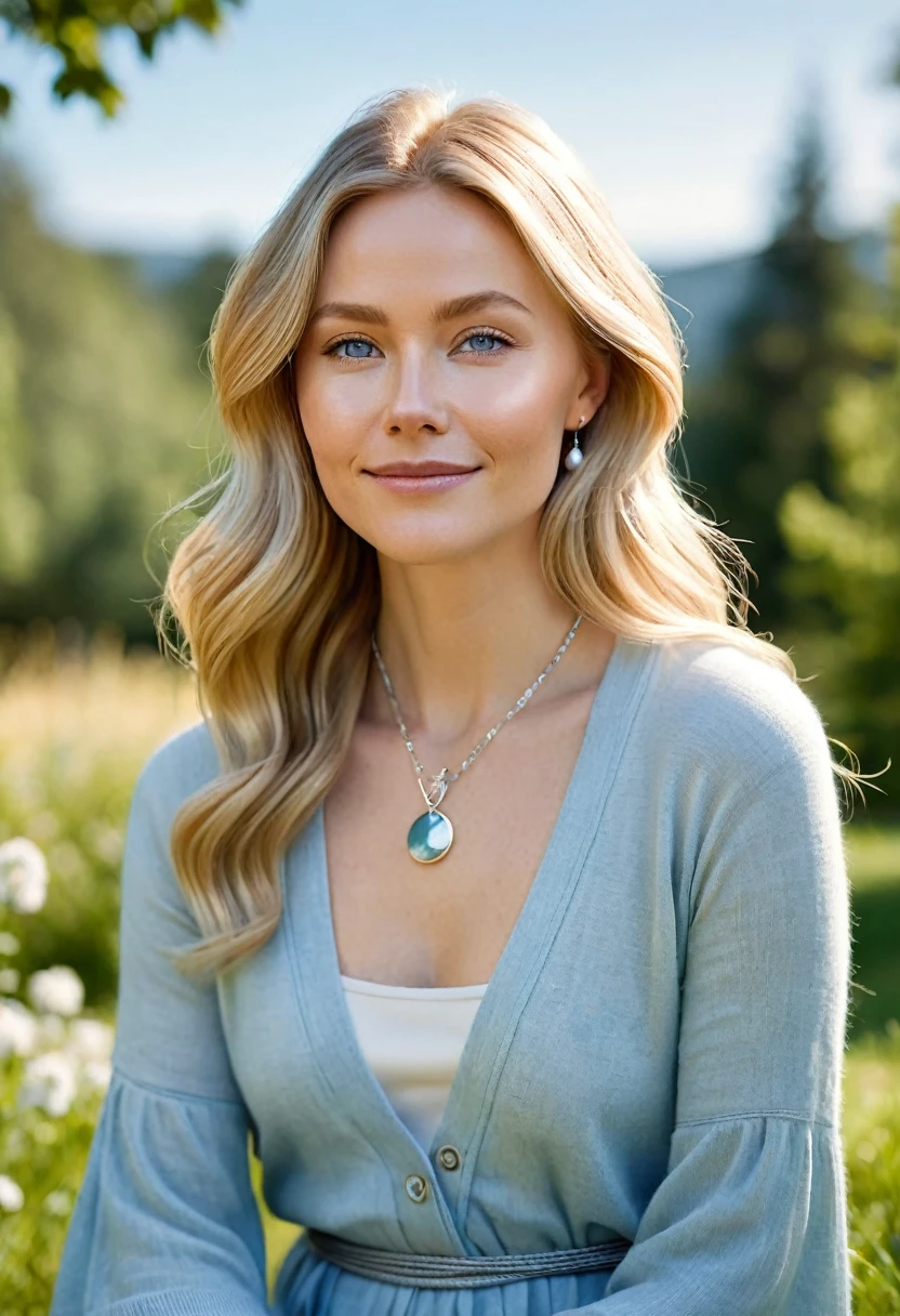 Create a high-quality, extremely natural and realistic illustration of WendyMellow, a serene and calming Scandinavian wellness influencer. She has a soft, welcoming face with defined angular features, expressive clear blue or green eyes, and a warm smile. Her long, light blonde or light brown hair falls in gentle waves over her shoulders. She is sitting in a tranquil Scandinavian park, meditating. Wendy is wearing a flowing light blue dress with a light gray wool cardigan. She has a clear, luminous complexion. Around her wrist, she wears a delicate silver bracelet, and around her neck, a simple pendant. The soft morning light enhances her peaceful aura, reflecting her inner tranquility and well-being. The image should be as realistic and detailed as possible, capturing every nuance of her serene and calming presence.