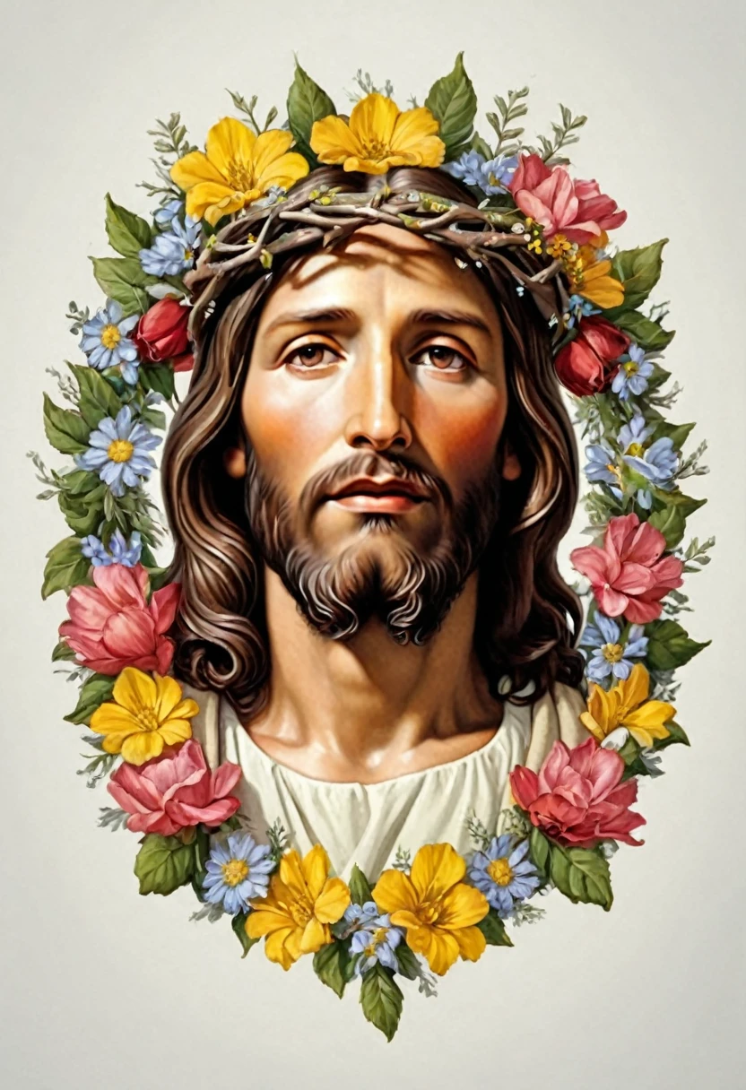 drawing of a tattoo of Portrait of Jesus Christ in a wreath of flowers