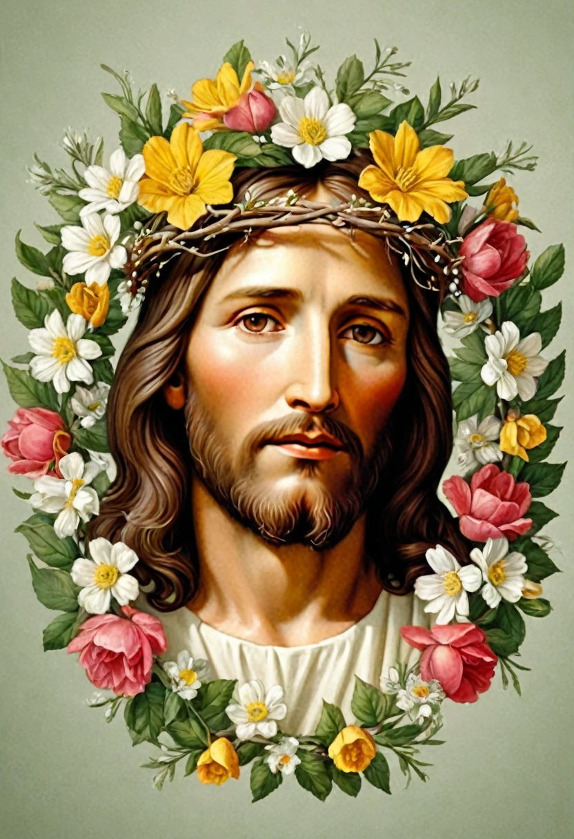 drawing of a tattoo of Portrait of Jesus Christ in a wreath of flowers