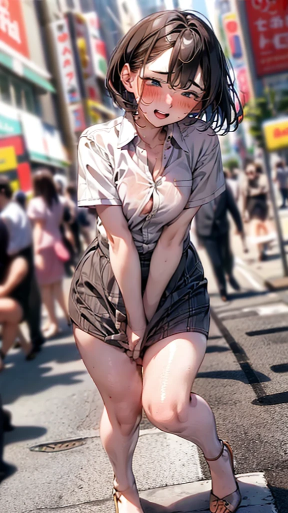 Crowd in the background,masterpiece,Highest quality,High resolution,Anatomically correct,business suit,Short Sleeve Button Down Shirt,Short skirt,Sweat,barefoot,Glowing Skin,Ahegao,Forehead,Short Bob,ID card,vibrator,10cm High Heels