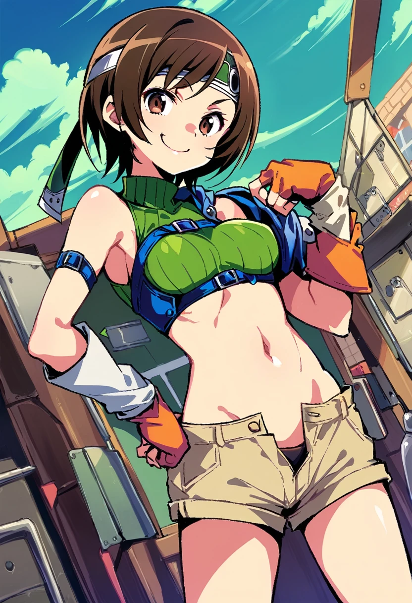 score_9, score_8_up, score_7_up,,BREAK , dynamic angle:1.2.,mediumshot,(Standing pose),soro focus,1girl, yuffie kisaragi, final fantasy, short hair,headband,navel,sleeveless,turtleneck,brown eyes,sleeveless turtleneck,solo,breasts,looking at viewer,smile,gloves,crop top,brown hair,shorts,midriff,,sweater,open fly,armor,fingerless gloves,ribbed sweater,medium breasts,,smile,smug,best quality,aesthetic,very aesthetic,masterpiece,high-resolution,  (Proportion).