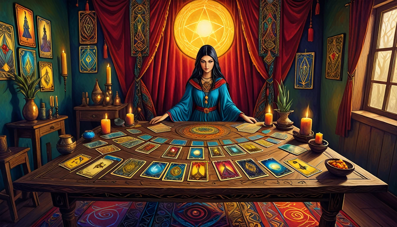 A painting by Lisa Parker of her interpretation of a deck of Tarot cards laid out on an ancient divination table. The scene is inspired by occult art and esoteric symbolism. The mystical cards tell an expressive and captivating story amidst a room decorated in a Bohemian design. Captured from a dynamic angle, emphasizing the creative and dreamy elements with bold, deep colors.