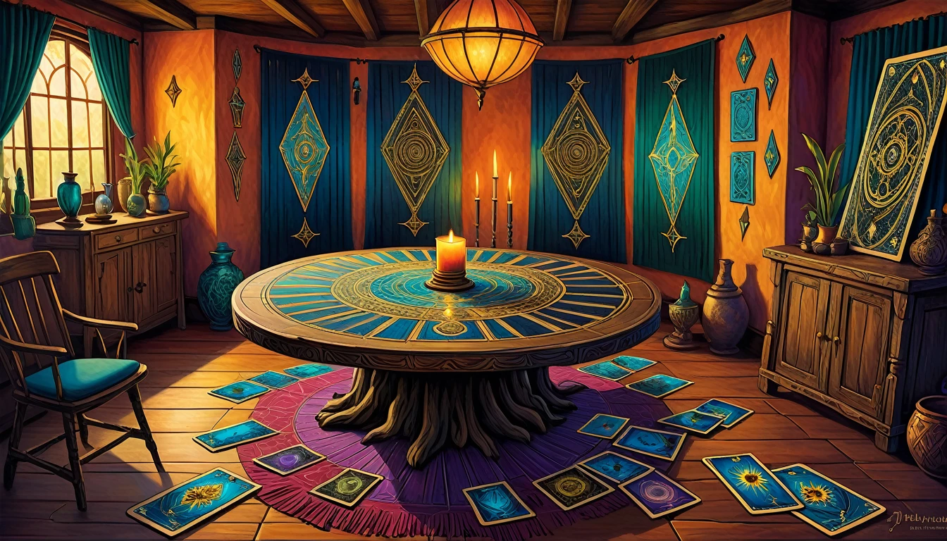 A painting by Lisa Parker of her interpretation of a deck of Tarot cards laid out on an ancient divination table. The scene is inspired by occult art and esoteric symbolism. The mystical cards tell an expressive and captivating story amidst a room decorated in a Bohemian design. Captured from a dynamic angle, emphasizing the creative and dreamy elements with bold, deep colors.