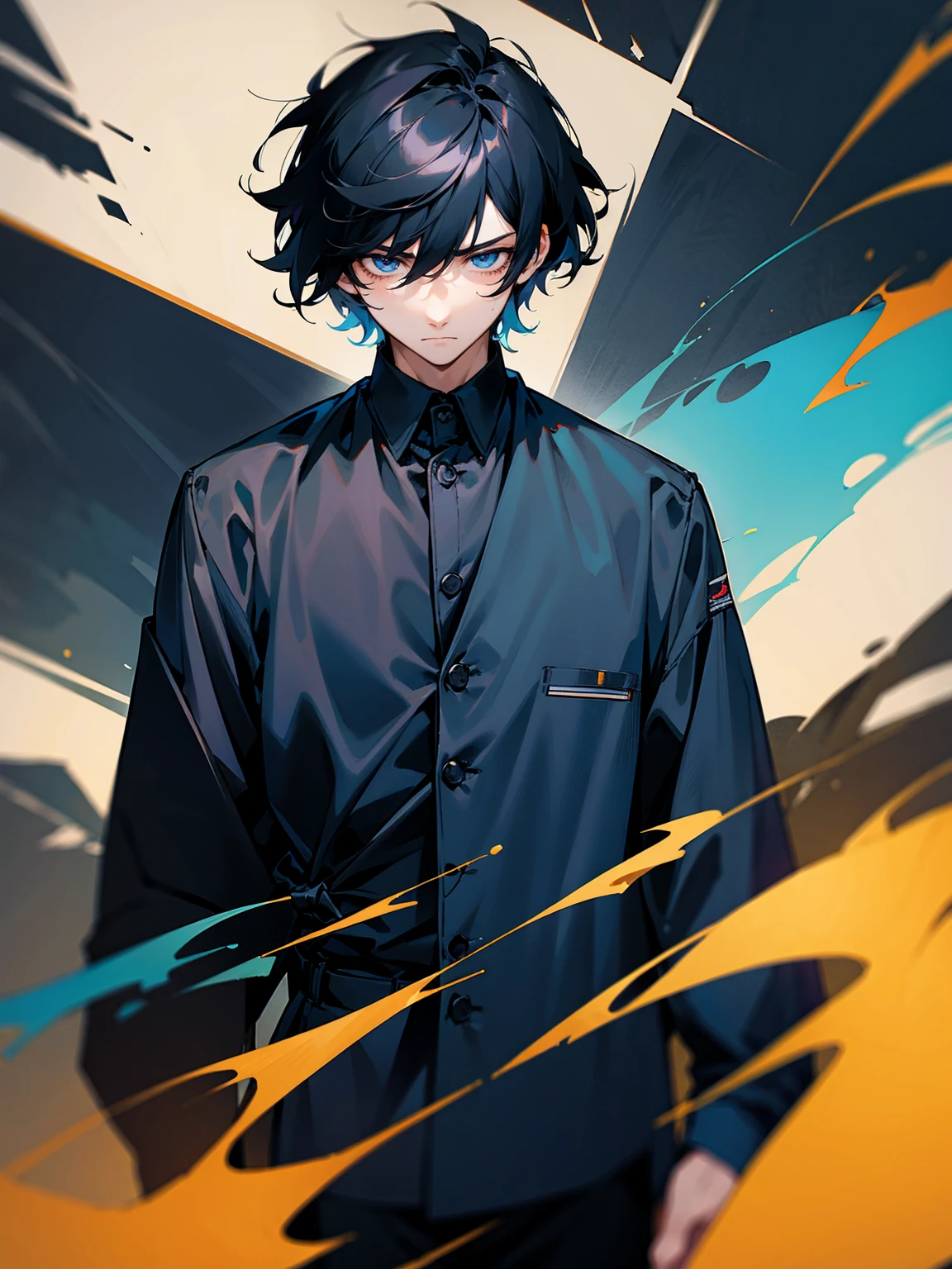1male, black hair, medium hair, tied to the back, black shirt, dark blue jacket, tired expression
