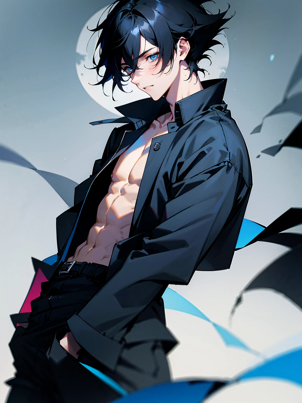 1male, black hair, medium hair, tied to the back, black shirt, dark blue jacket, tired expression