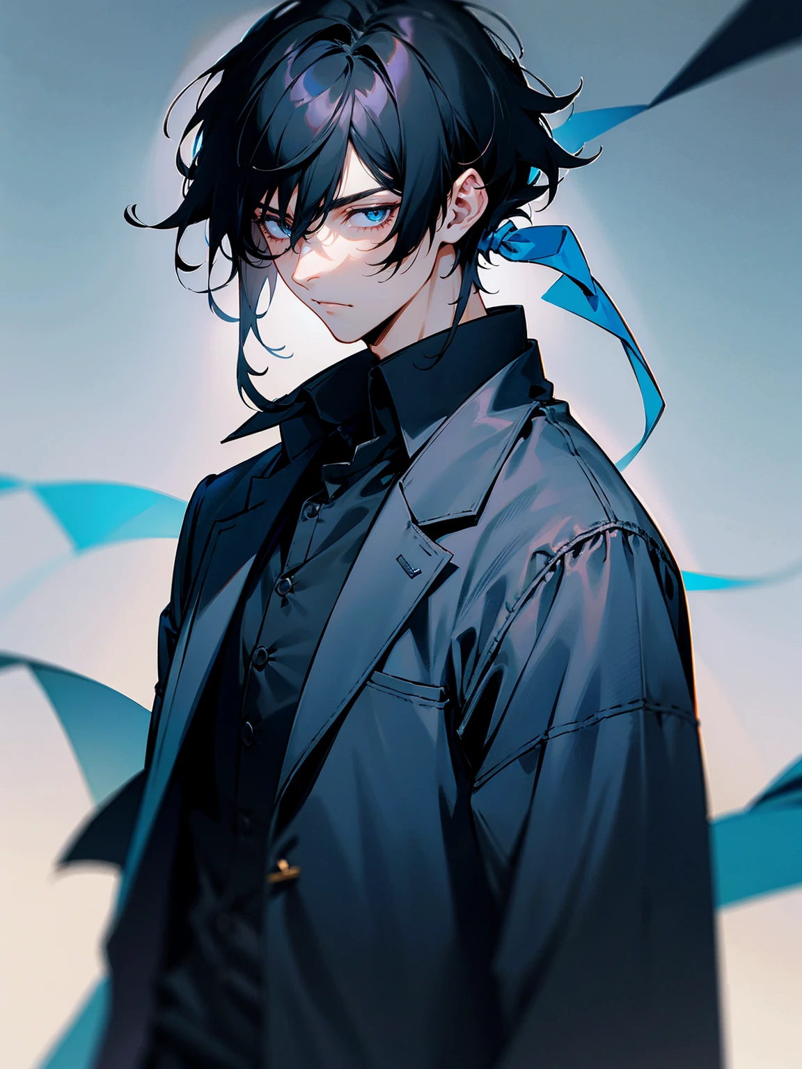 1male, black hair, medium hair, tied to the back, black shirt, dark blue jacket, tired expression 