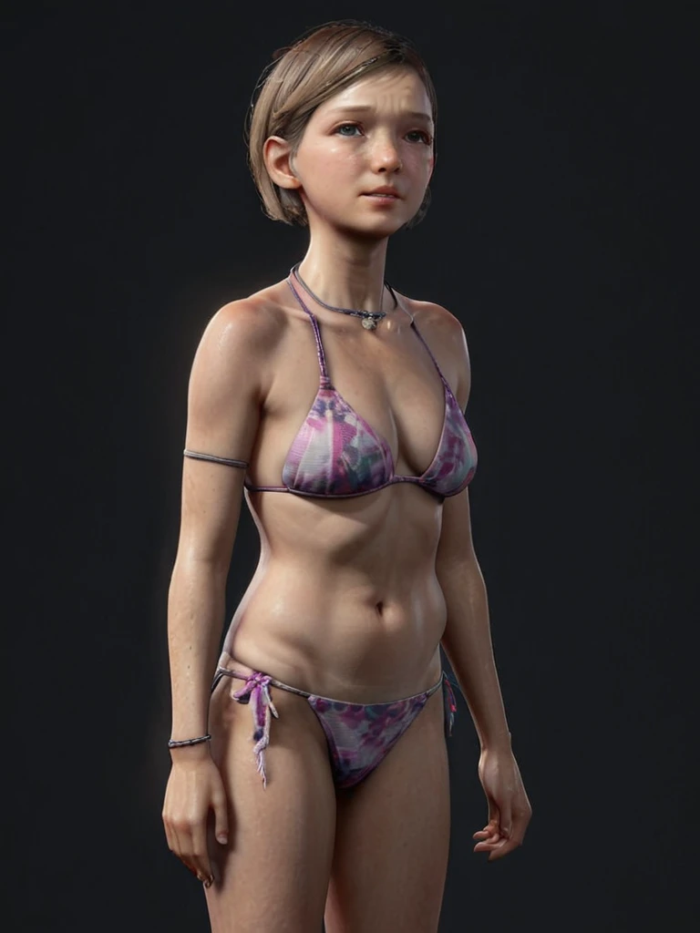 (realistic photo:1.2) a full body image of Sarah Miller she is standing straight,short hairs, wearing a full micro bikini,bikini, n