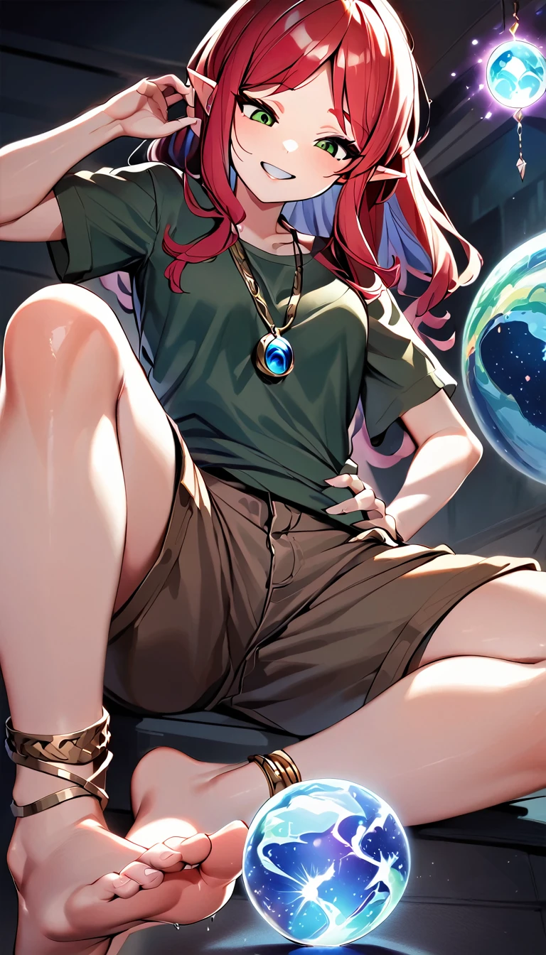 A single image split into two sections:

Top Section:
1 female elf with long red hair, emerald green eyes, wearing a green top and brown cargo shorts, barefoot. She has a beautiful golden anklet with an orb-pendant. She's looking down and smiling mischievously.

Bottom Section:
A close-up of the orb-pendant on her anklet. Inside the orb, a tiny guy is trapped, terrified and shaking heavily as the giant woman shakes the pendant carelessly.

Detailed expressions, depth of field, work of art, best quality, absurdly detailed.