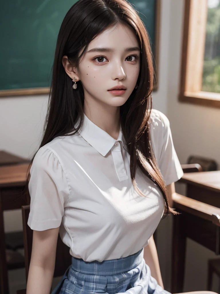 absurdres, RAW photo, extremely delicate and beautiful, masterpiece, Best Quality, ultra high resolution, 32k, hyperrealistic, ultra-detailed, perfect anatomy, super Detailed skin, perfect figure, Super Beauty, Perfect Style, Perfect balance, Beautiful Lighting, Perfect Lightning, Realistic Shadows, 20 years old, very Slim body, narrow waist, very small head, very small face, delicate facial features, handsome detailed woman, very detailed eyes and face, realistic face proportions, Realistic beautiful face, Realistic beautiful eyes, tearful mole, earring, very huge round breasts, medium hair, asymmetrical hair, full body shot, indoor, short skirt, ((school uniform)),