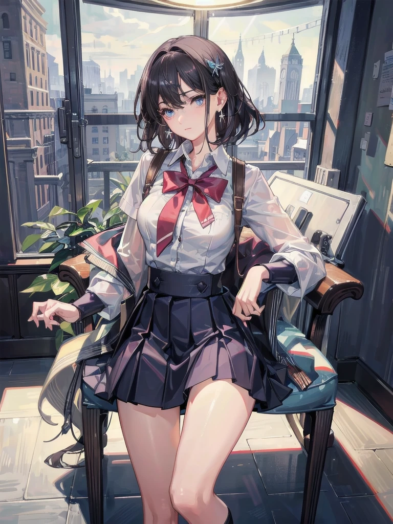 absurdres, RAW photo, extremely delicate and beautiful, masterpiece, Best Quality, ultra high resolution, 32k, hyperrealistic, ultra-detailed, perfect figure, in her 20s, very small head, very small face, delicate facial features, tearful mole, earring, huge breasts, legs, full body shot, medium hair, black hair, Colored inner hair, sweat, school_uniform,