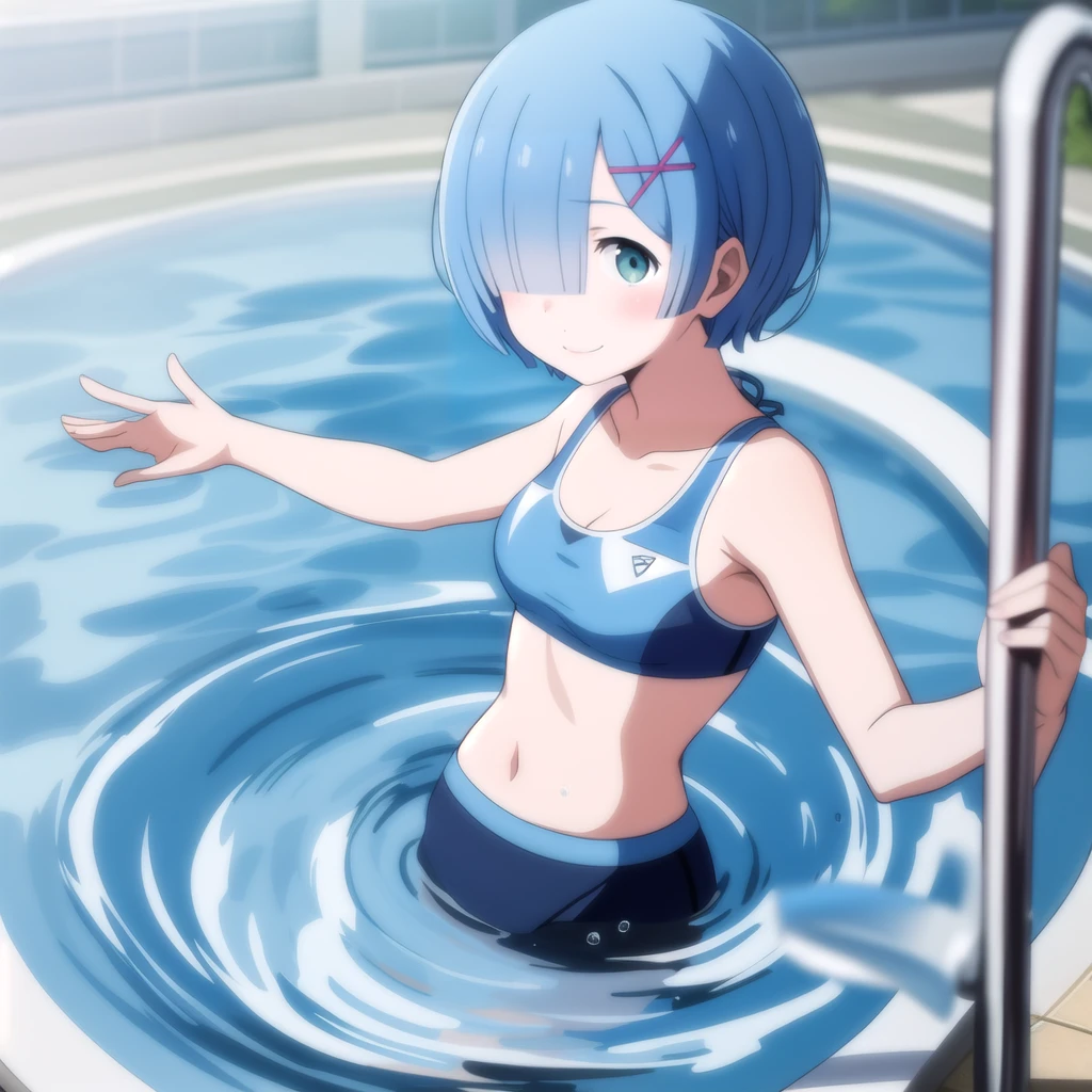 rem, short hair,green eyes, hairclip,Blue Bikini , sports bra, smile, pool, (Water ripple effect around the body:1.3)