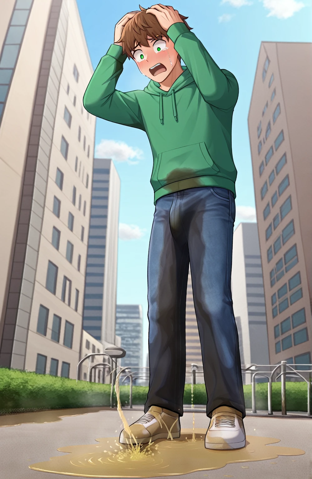 1boy, male focus, detailed, realistic, bishounen,((standing)), , blue jeans, long pants, green hoodie, brown hair, bangs, short hair, green eyes, looking down, eyes wide open, shocked expression, crying, blushing, city park background, best quality, amazing quality, best aesthetic, absurdres, year 2023,((wetting self, pee stains, puddle)), blushing, screaming in fear, seen from below, ((crotch focus, penis bulge)), (((hands on head, full body)))