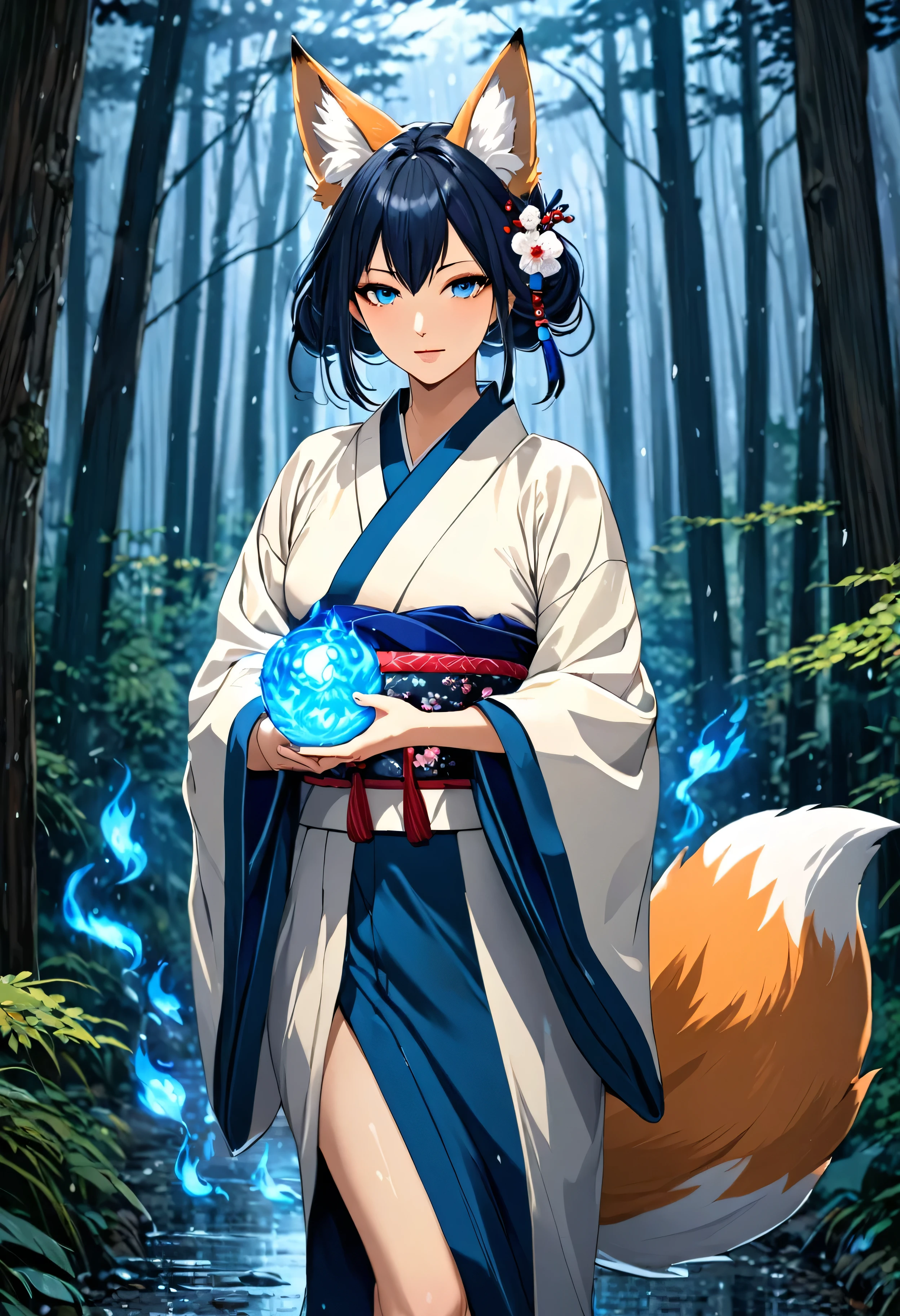 Masterpiece, Extremely detailed, , close distance shot, (A beautiful kitsune woman walking in a rainy forest holding a small ball of blue fire), facing viewer, dynamic pose , fox ears, nine fox tails, traditional Japanese clothing. 