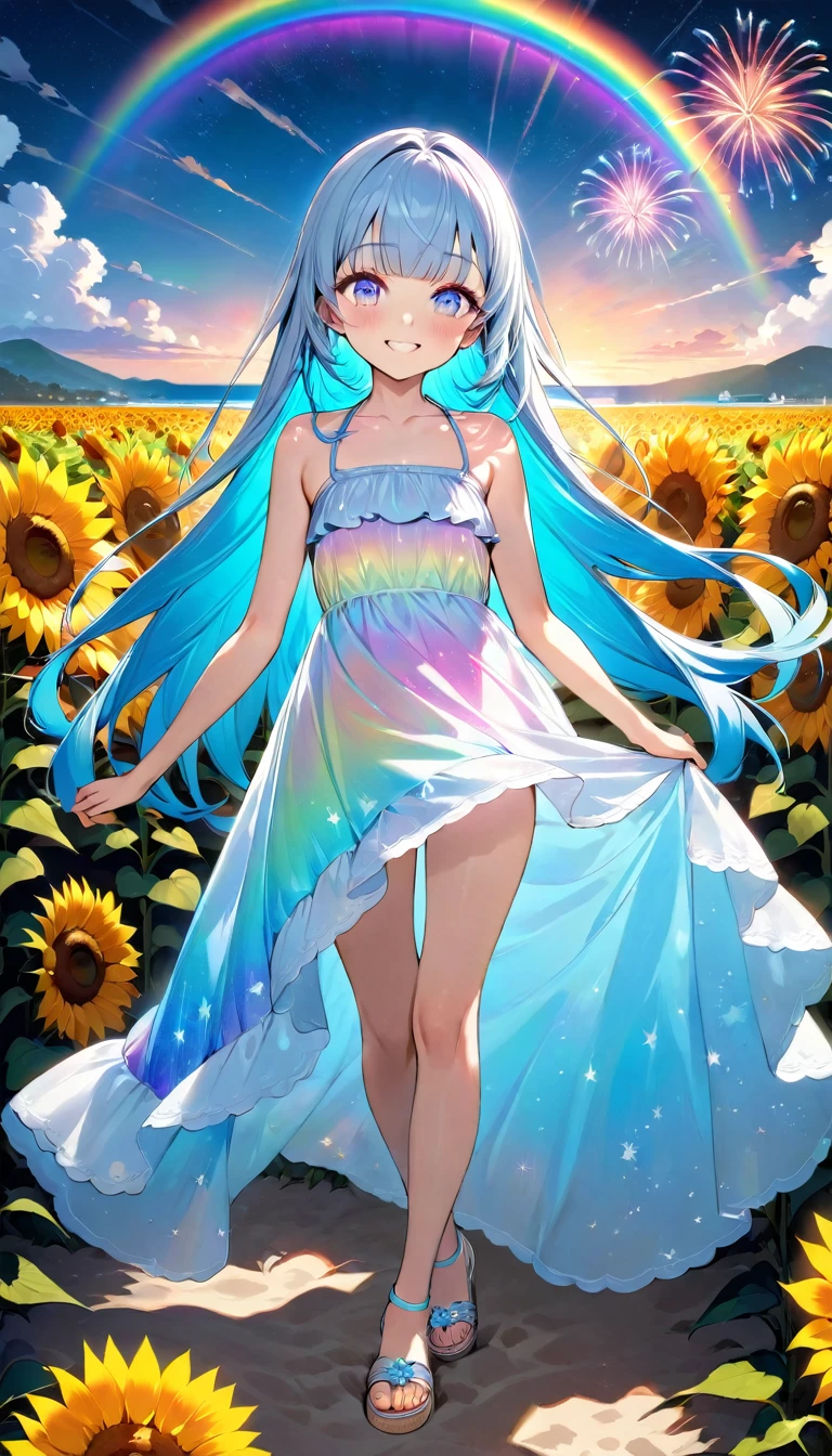 masterpiece, best quality, extremely detailed, (illustration, official art:1.1), 1 girl ,(((( light blue long hair)))), ,(((( light blue long hair)))),light blue hair, , long hair ((blush)) , cute face, big eyes, masterpiece, best quality,(((((a very delicate and beautiful girl))))),Amazing,beautiful detailed eyes,blunt bangs((((little delicate girl)))),tareme(true beautiful:1.2), sense of depth,dynamic angle,,,, affectionate smile, (true beautiful:1.2),,(tiny 1girl model:1.2),)(flat chest) ,Top quality, masterpiece,Rainbow Eyes,smile,girl wearing a iridescent bikini,Gorgeous fireworks, rainbow and stars in the night sky, sunflower field, sea, sandy beach, smile,Rainbow in the sky、(summer dress, sandals:1.1), twirling, lighthearted, sunny, (radiant beams:1.15)