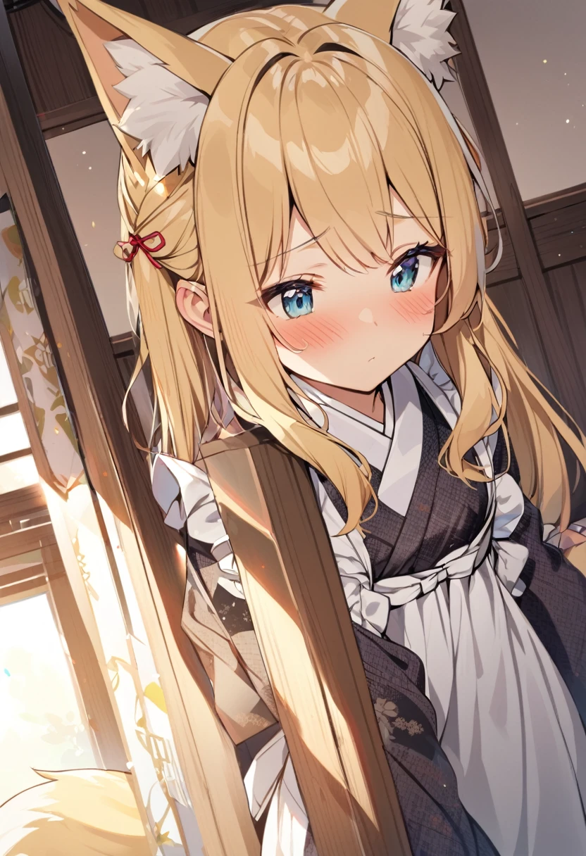 One girl, correct, Animal ears, Blonde, Fox Ears, Long Hair, blush, alone, kimono, Maid&#39;s Headdress, Yellow Eyes, White Background, Hair between the eyes, Young Girl,Shiny,Shiny skin,fox-hirume,An unparalleled masterpiece, One girl,キツネのYoung Girl,Fox Ears,Blonde,narrow,correct,kimono,kimono,Shrine maiden,Ofuda, (Very small breasts:1.2), ,Multiple tails,Yellow Eyes, night, (A big smile),