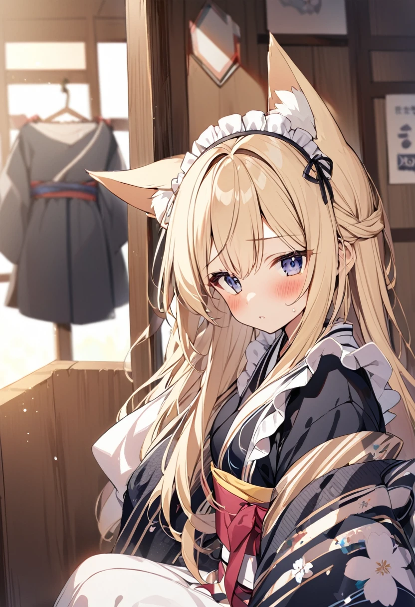 One girl, correct, Animal ears, Blonde, Fox Ears, Long Hair, blush, alone, kimono, Maid&#39;s Headdress, Yellow Eyes, White Background, Hair between the eyes, Young Girl,Shiny,Shiny skin,fox-hirume,An unparalleled masterpiece, One girl,キツネのYoung Girl,Fox Ears,Blonde,narrow,correct,kimono,kimono,Shrine maiden,Ofuda, (Very small breasts:1.2), ,Multiple tails,Yellow Eyes, night, (A big smile),