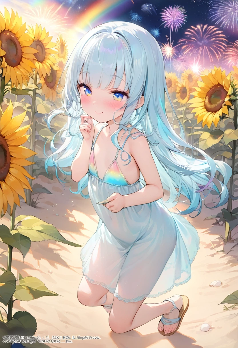 masterpiece, best quality, extremely detailed, (illustration, official art:1.1), 1 girl ,(((( light blue long hair)))), ,(((( light blue long hair)))),light blue hair, , long hair ((blush)) , cute face, big eyes, masterpiece, best quality,(((((a very delicate and beautiful girl))))),Amazing,beautiful detailed eyes,blunt bangs((((little delicate girl)))),tareme(true beautiful:1.2), sense of depth,dynamic angle,,,, affectionate smile, (true beautiful:1.2),,(tiny 1girl model:1.2),)(flat chest) ,Top quality, masterpiece,Rainbow Eyes,smile,girl wearing a iridescent bikini,Gorgeous fireworks, rainbow and stars in the night sky, sunflower field, sea, sandy beach, smile,Rainbow in the sky、(summer dress, sandals:1.1), twirling, lighthearted, sunny, (radiant beams:1.15)