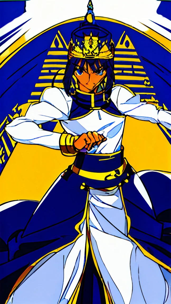Egyptian crown, artoria pendragon \(fate\), blue robes, golden bracelets, Egyptian accessories, white short skirt, artoria pendragon (fate), saberface, (black hair), ((dark skin)), male, man, blue eyes, solo, standing, full-body shot, Egyptian desert background