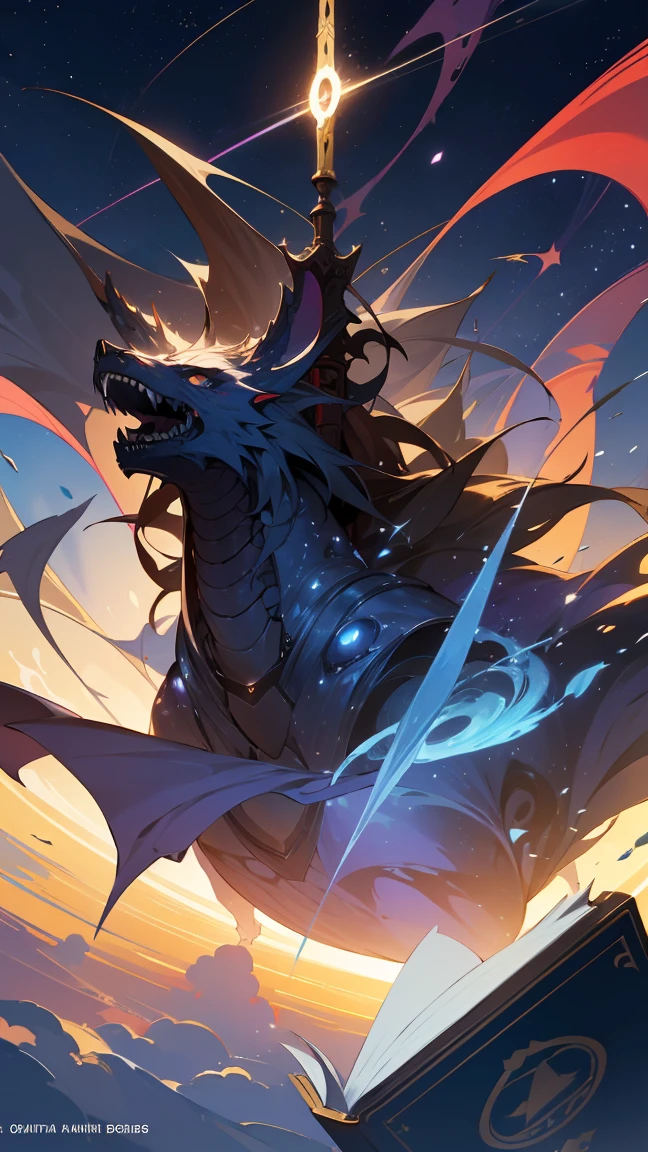 An open-cover book floating in the center of the image, with pages scattering as if being turned by an imaginary wind. Each page displays varied scenes and elements representing different genres and worlds, like dragons in a medieval kingdom, spaceships in the distant future, post-apocalyptic settings and mystery characters.Ao redor do livro, there is a halo of ethereal light, symbolizing creativity and freedom. Stars and nebulae may be visible in the background, suggesting the idea that imagination is limitless and without borders.Image style should be vibrant and dynamic, with rich details that capture the essence of different worlds and stories. This will help convey the idea that anything can be created and explored in the "Master of Narrative".