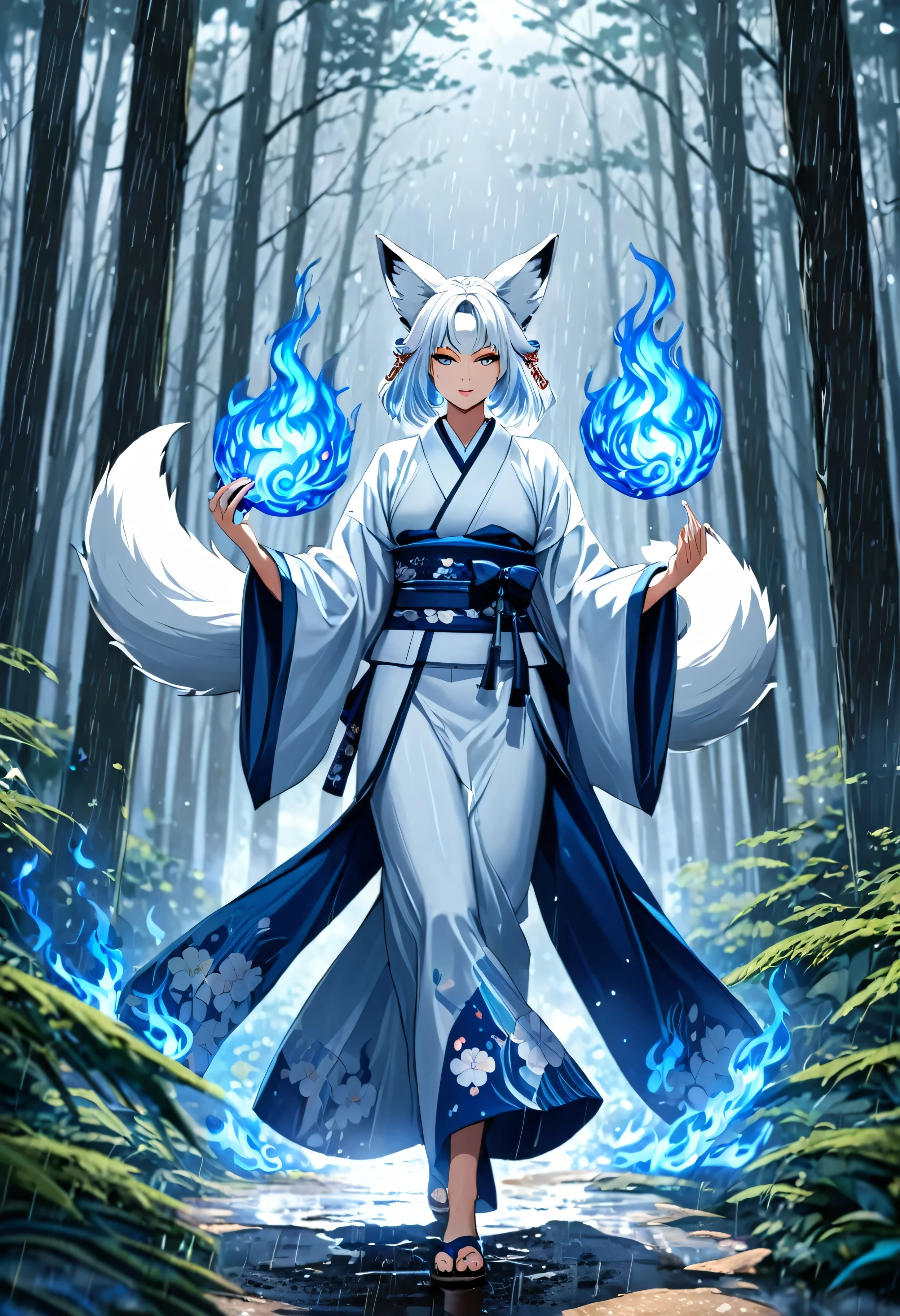 Masterpiece, Extremely detailed, , close distance shot, (A beautiful kitsune woman walking in a rainy forest holding a small ball of blue fire), facing viewer, dynamic pose , fox ears, nine fox tails, traditional Japanese clothing.