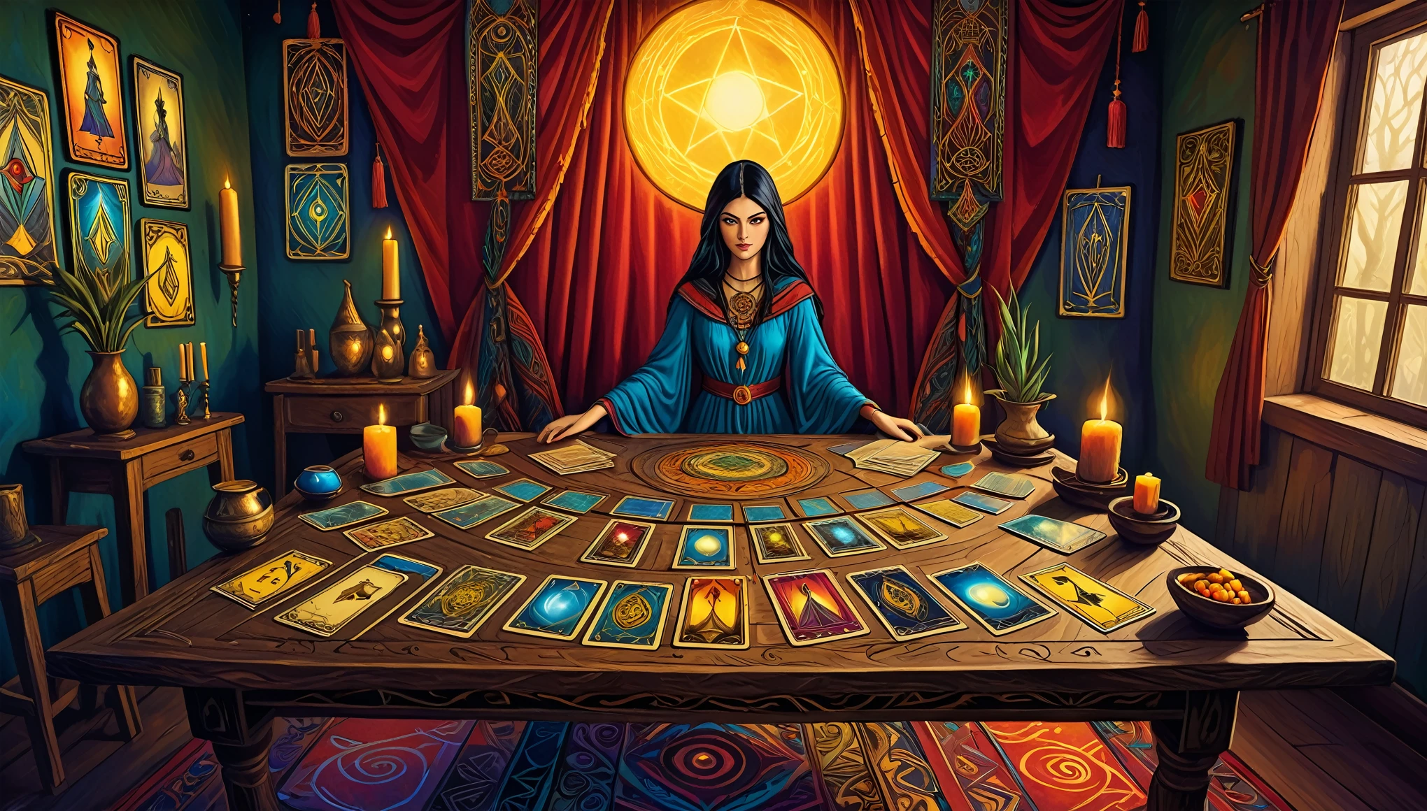 A painting by Lisa Parker of her interpretation of a deck of Tarot cards laid out on an ancient divination table. The scene is inspired by occult art and esoteric symbolism. The mystical cards tell an expressive and captivating story amidst a room decorated in a Bohemian design. Captured from a dynamic angle, emphasizing the creative and dreamy elements with bold, deep colors.