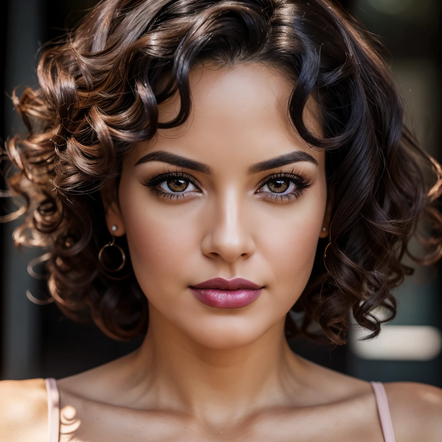 Hyper-realistic, ultra-detailed professional photography of a 35-year-old woman (staring at the camera from the front, fixed, super sexy), black hair, curly hair, hyper sexy, deep brown eyes, fair skin, professional makeup, light pink lipstick