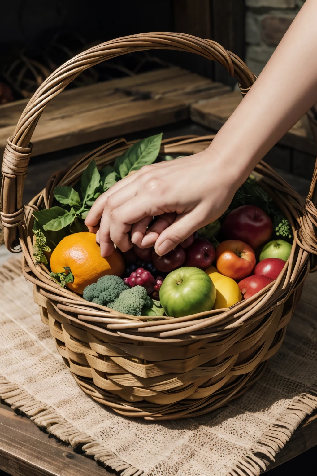hands intertwined inside a rustic vine basket, Inside the basket there are fruits and vegetables. on the bottom of the hands there is the word: COOPERATIVE.