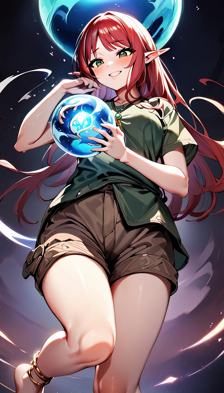 A single image split into two sections:

Top Section:
1 female elf with long red hair, emerald green eyes, wearing a green top and brown cargo shorts, barefoot. She has a beautiful golden anklet with a small orb-pendant attached to the anklet. She's looking down and smiling mischievously.

Bottom Section:
A close-up of the orb-pendant on her anklet. Inside the orb, a tiny guy is trapped, terrified and shaking heavily as the giant woman shakes the pendant carelessly.

Detailed expressions, depth of field, work of art, best quality, absurdly detailed.