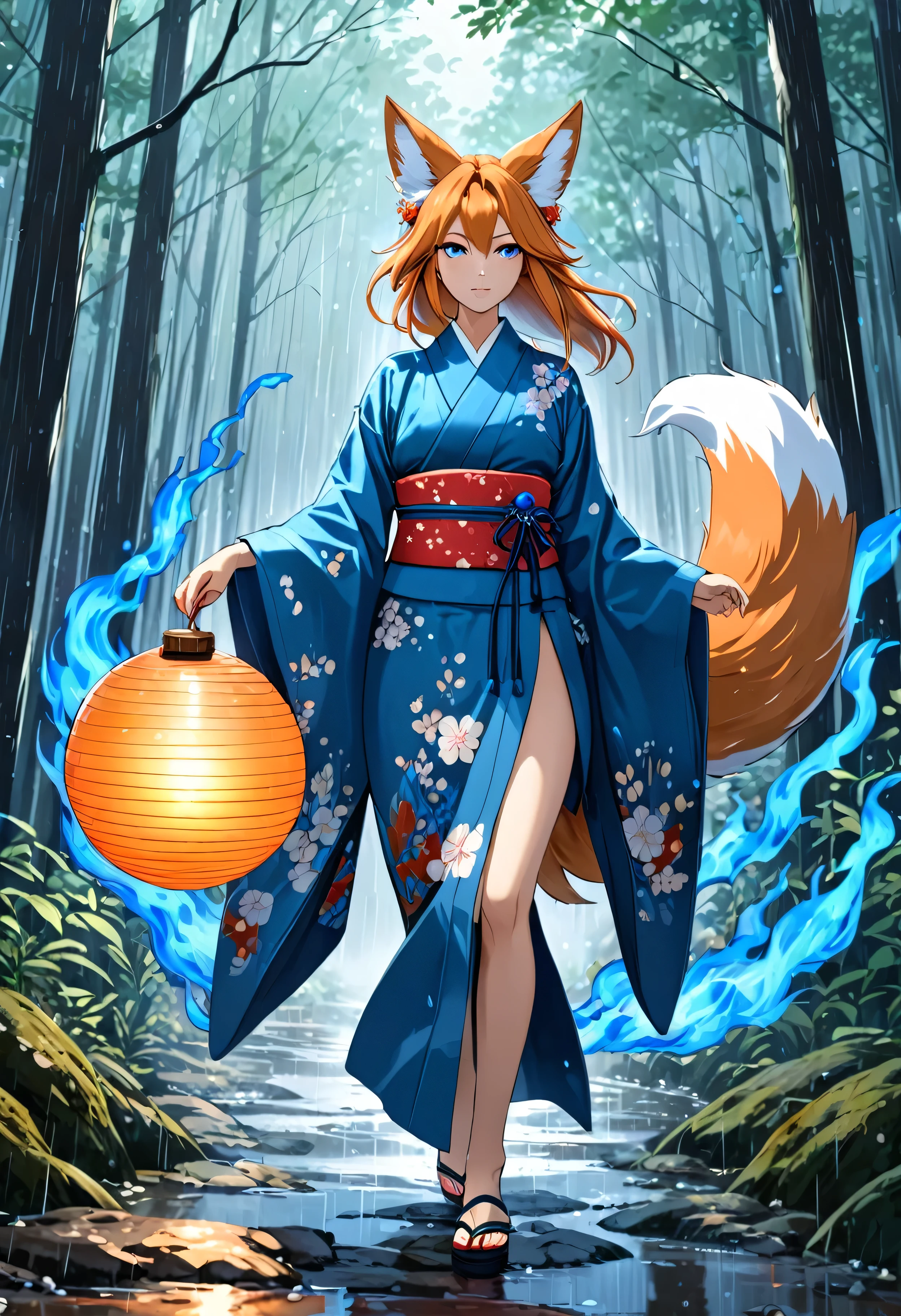 Masterpiece, Extremely detailed, , close distance shot, (A beautiful kitsune woman walking in a rainy forest holding a small ball of blue fire), facing viewer, dynamic pose , fox ears, nine fox tails, traditional Japanese clothing.