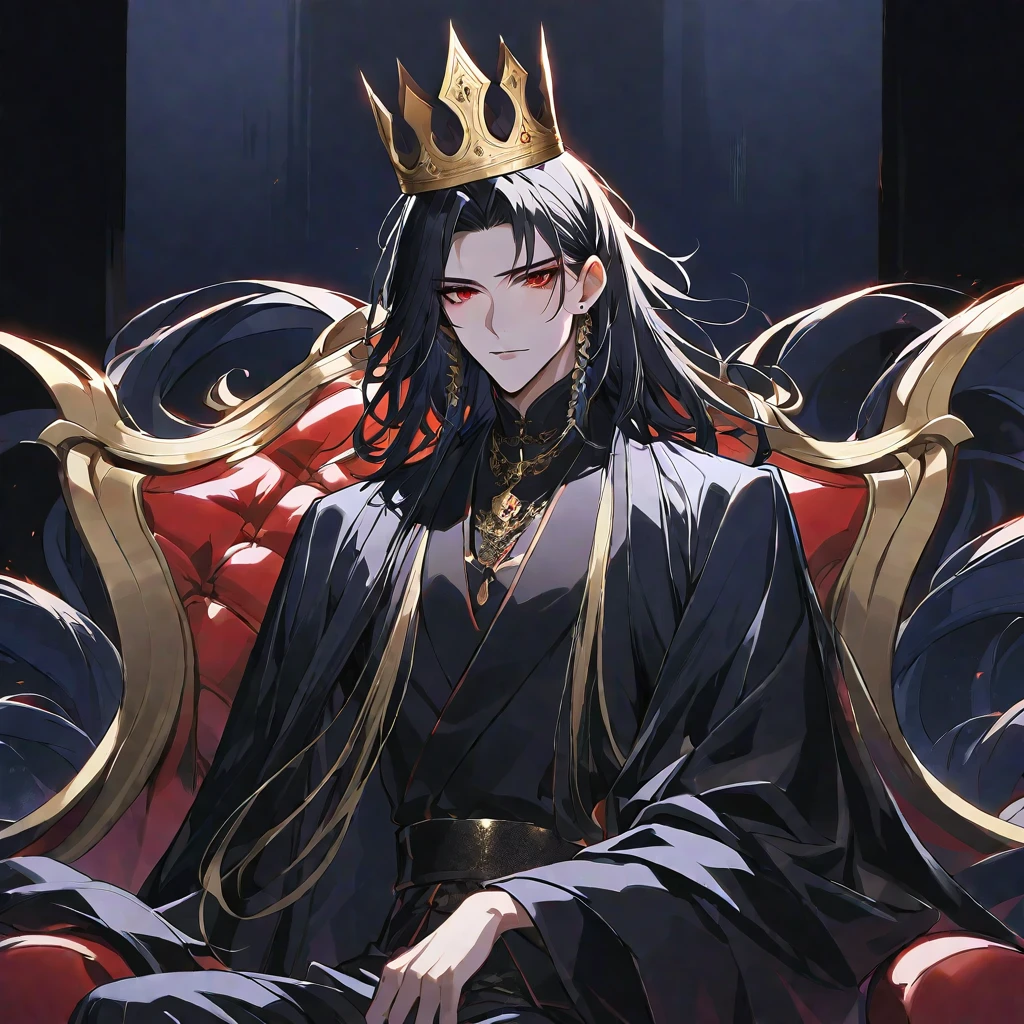 alone,good looking,
1. male,
bangs,Straight hair,Bob Hair,
Black Hair,
Satoru Gojo ,noble,
Red eyes,
beautiful,Sexy,darkness,Gold Necklace,
Black suit ,King,crown,Slender,Blue Rose Tattoo,
Black Background ,High resolution, sit,Darkness,devil,Black light,iconSolo, Close-up windy hair, Side braids,