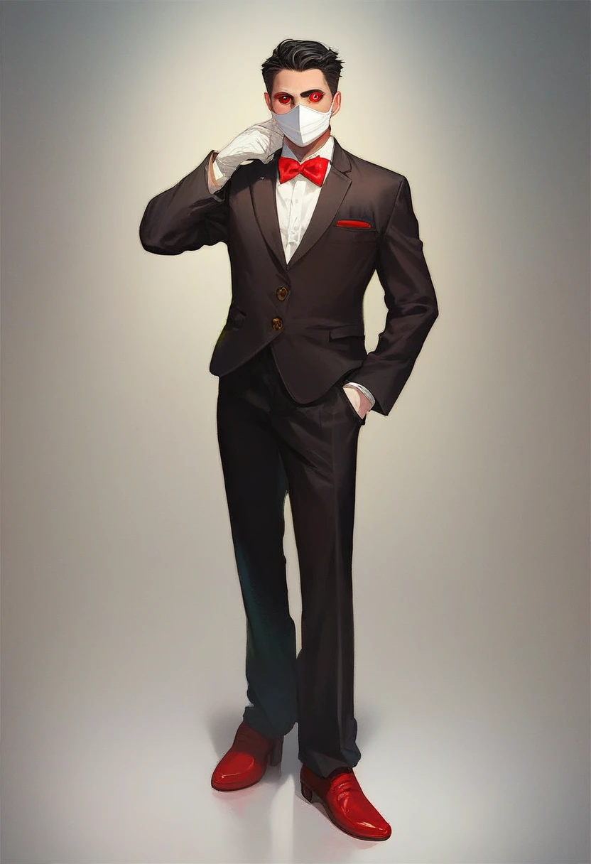 billy, 1boy, solo, full body white mask, red cheeks, black tuxedo with a white shirt and gloves, red bow tie, red handkerchief in the breast pocket, red Mary Janes, red eyes, black sclera, red lips, black hair, small, short, white gloves, long hair