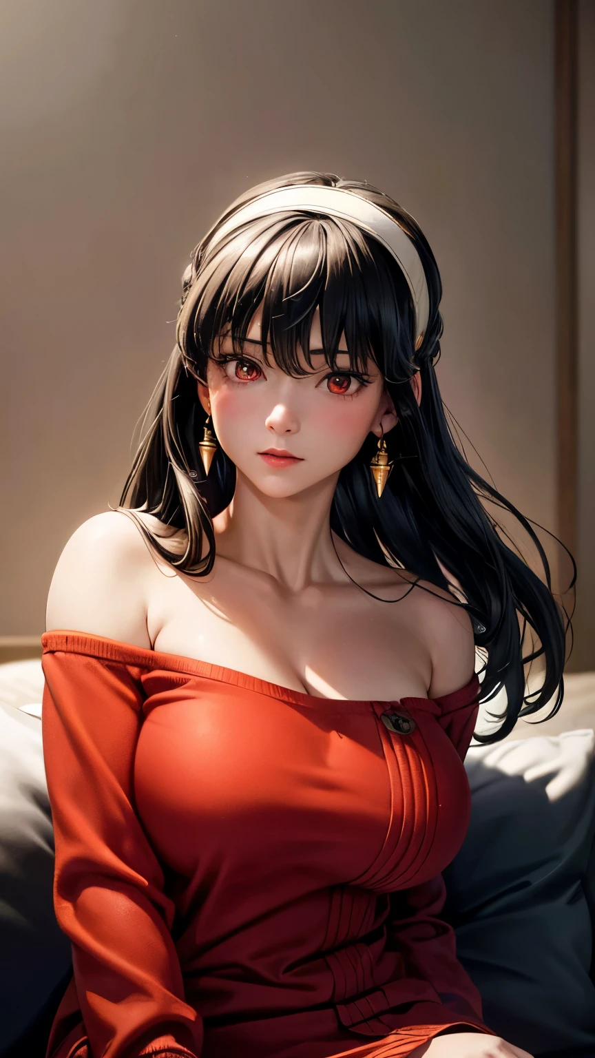 (masterpiece, Highest quality:1.3), (Super detailed:1.4),(Super detailed顔:1.2),(Super detailed目:1.2), (hyperRealistic:1.3), (RAW Photos:1.2), High-definition RAW color photos, Professional photos, (PhotoRealistic:1.4), (Realistic:1.4),8k,Professional Lighting, Perfect Anatomy, BREAK,(Big Breasts:1.6),(blush:1.2),(Bright expression:1.2),Yolfoger, High detail, Sharp focus, dramatic,dutch angle,Björf,Black Hair,Long hair short hair,White hair band,Kamimei,Leaning forward,Bring your face closer,Red eyes,Gold earrings,jewelry,Off the shoulder,(Red sweater:1.3),Sweater dress,Long sleeve,Black Pantyhose,