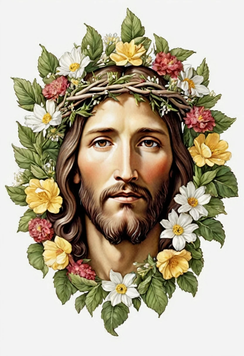 drawing of a tattoo of Jesus in a wreath of flowers