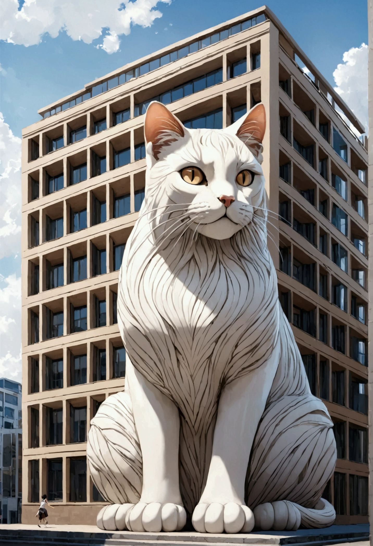 A giant cat straddling a building