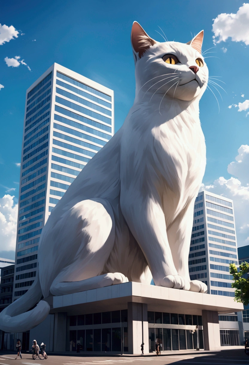 A giant cat straddling a building