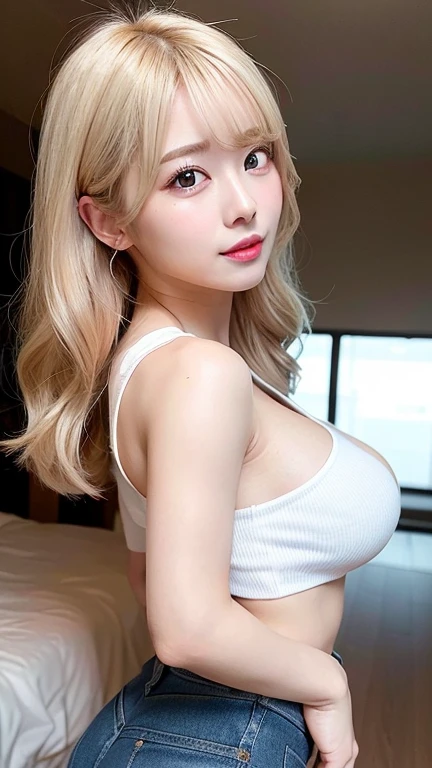 Beautiful lighting, Highest quality, Movie stills (Charming Jisung asmr 19 year old youth ) , Tokyo cityscape、(White T-shirt、(Denim shorts)), (A lively outline), (Perfect Pink - Outline) (Wet) , Dark atmosphere, Toned body, Beautiful Slim , fit ,Sexy Woman, Open your mouth, )Perfect hands , Perfect Fingers , Perfect Teeth) Bright Blue Eyes , Light blonde hair color , Big cleavage , Beautiful woman with perfect figure, Slim Abs, Highly detailed face and skin texture, Detailed eyes, double eyelid, Perfect anatomical figure, Nikon Z9 80mm Lens , (Beautiful ass、Backward view、Butt is the main camera angle)