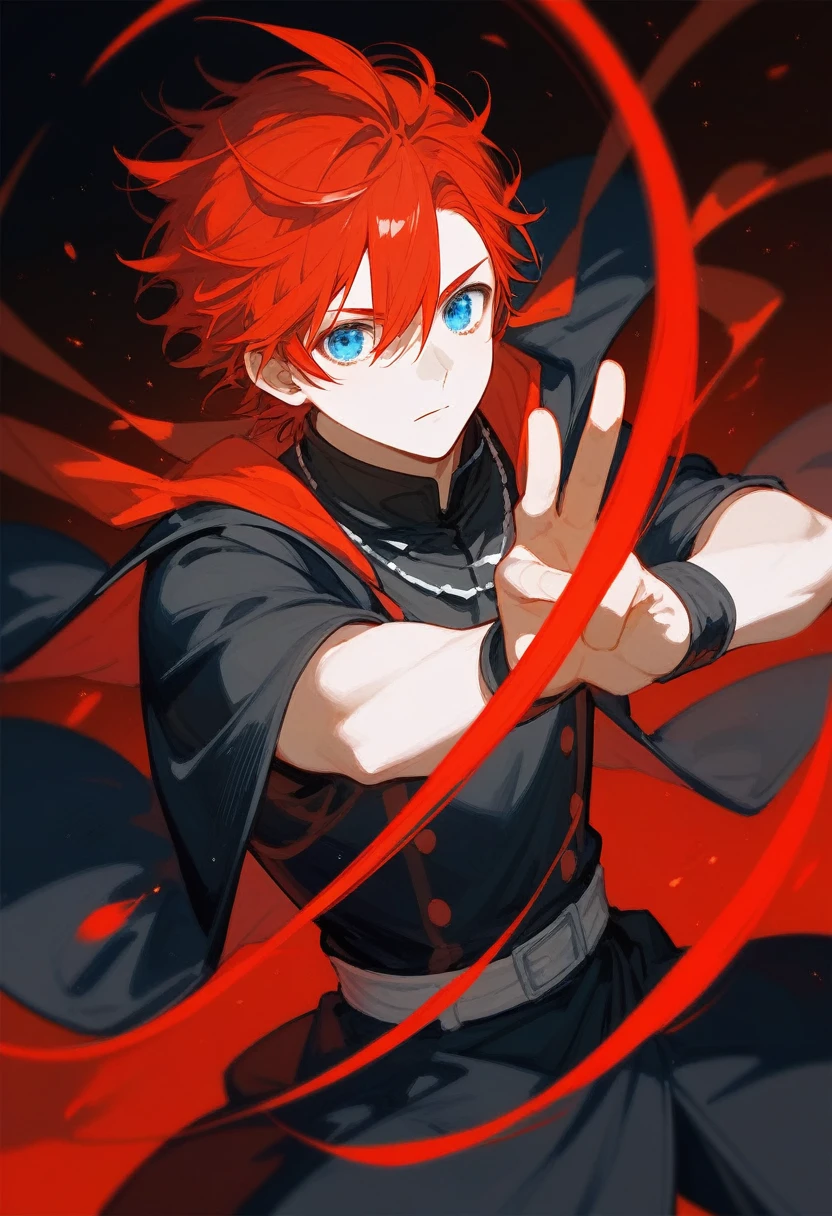 (score_9,score_8_up,score_7_up),1male,red hair,blue eyes,shaman black dress,hansome_face,holding grimoire book with dynamic pose To cast magic, lengan kananya hanya tulang